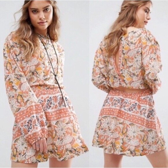 Free People Mini Pocket Dress Sun Ruffle Printed Long Sleeve Cut Out Back Button - Picture 3 of 12